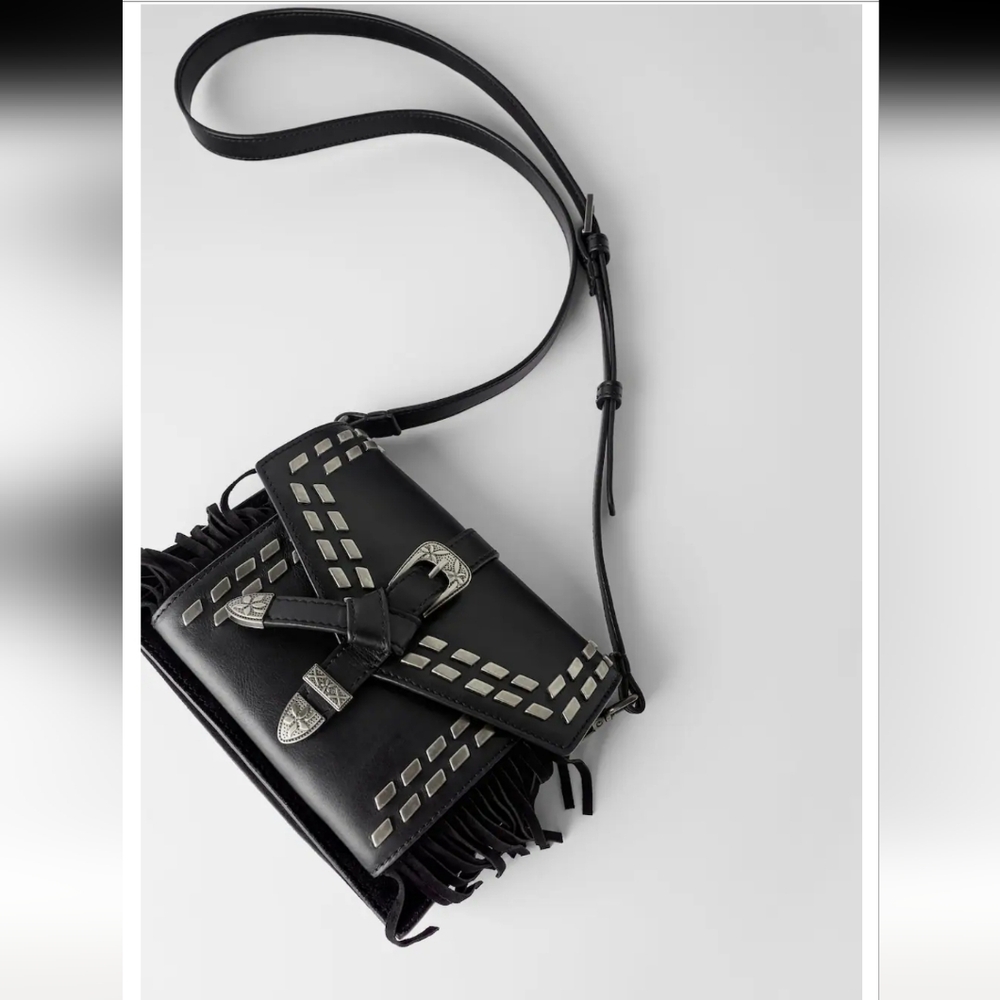 ZARA Western Black Fringe Crossbody Bag with Silver Buckle Detail - Picture 1 of 15